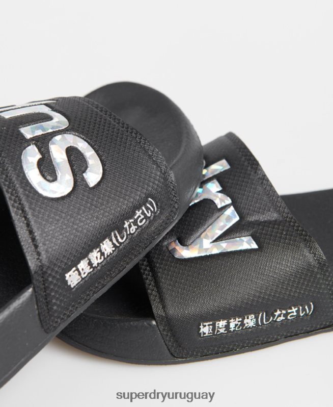 uy Superdry mujer deslizadores de piscina con relleno holográfico negro DT2N8Z6780 zapatos
